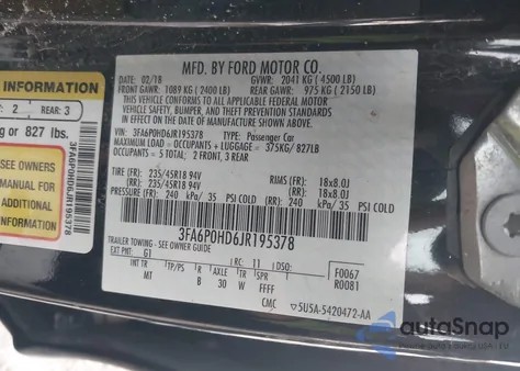 2018 Ford Fusion Se from USA, damaged, VIN 3FA6P0HD6JR195378
